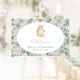 Kanin, Rosett, Rosa Blommor, Första Födelsedags Vä Poster