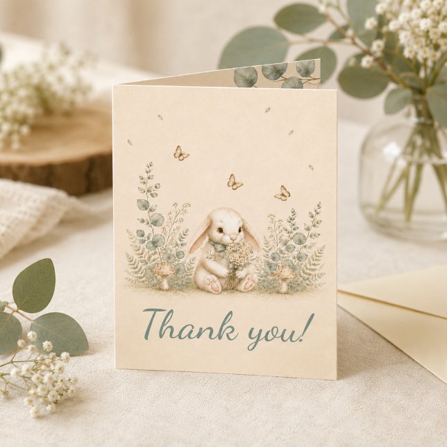 Kanin Skogs Barnkalas Tacksamhetskort Tack Kort (Bunny Woodland Baby Shower Thank You Card)