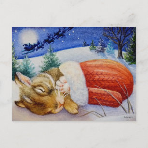 Kanin Sleeps i Santa's Mitten Watercolor Art Vykort