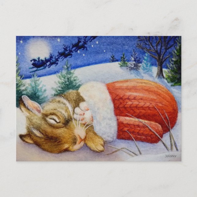 Kanin Sleeps i Santa's Mitten Watercolor Art Vykort (Framsida)