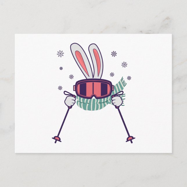 Kanin som åker skidor med skidstavar skidglasögon  vykort (Framsida)
