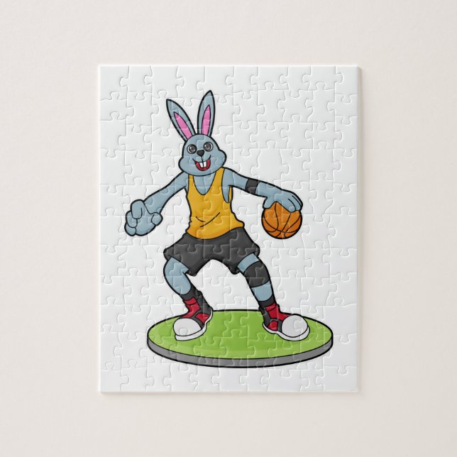 Kanin som basketspelare med basket pussel (Vertikal)