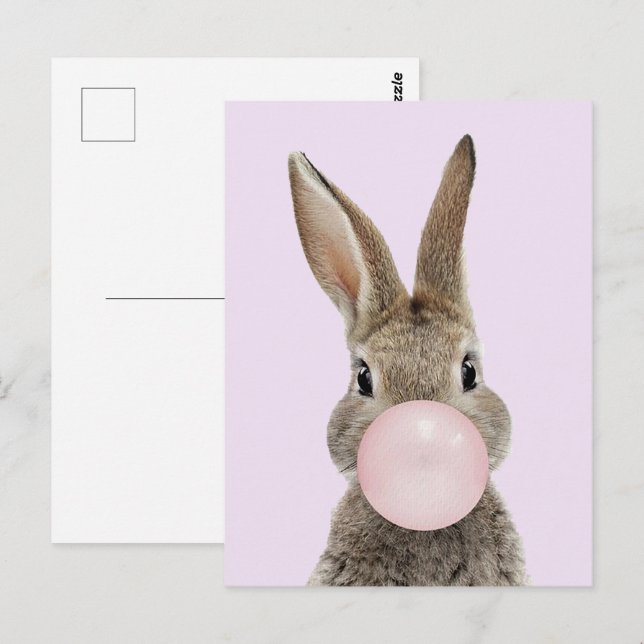 Kanin som blåser rosa tuggummibubbla vykort (Fram/baksida)