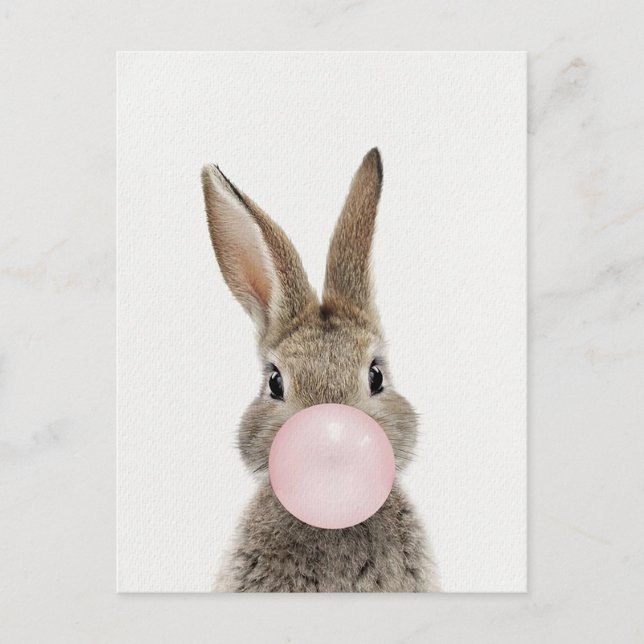Kanin som blåser rosa tuggummibubbla vykort (Framsida)