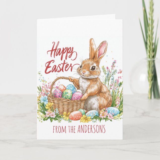 Kanin som håller en korg full med påskägg helgkort (Framsida)