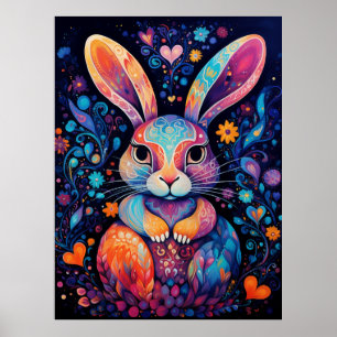 Kanin som sitter ner blommor hjärtan poster