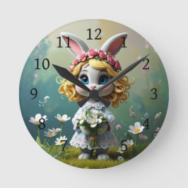 Kanin stora blå ögon håller en vit bukett rund klocka