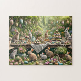 Kanin Teasällskap Whimsical Påskträdgårdsscen Pussel