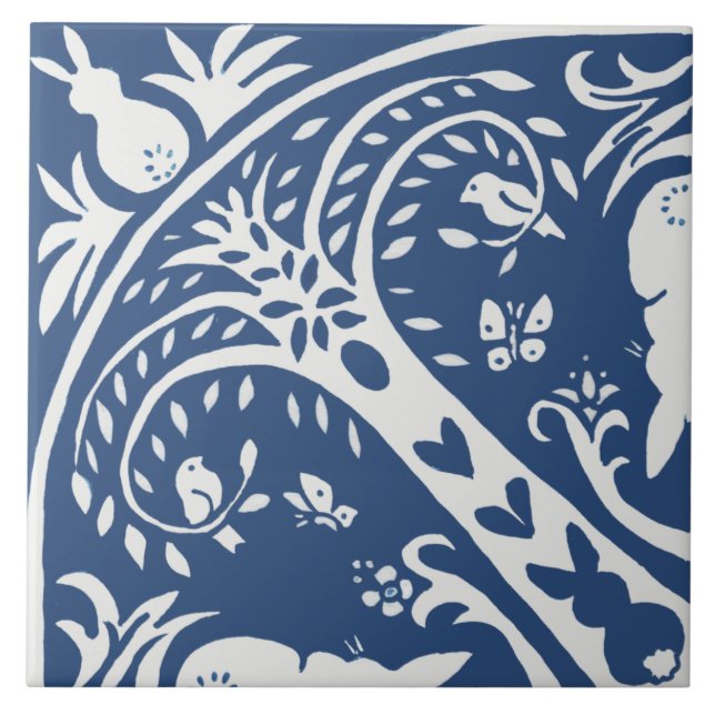 Kanin Tile Blue och White Bunny Bird Träd Mönster Kakelplatta (Framsidan)
