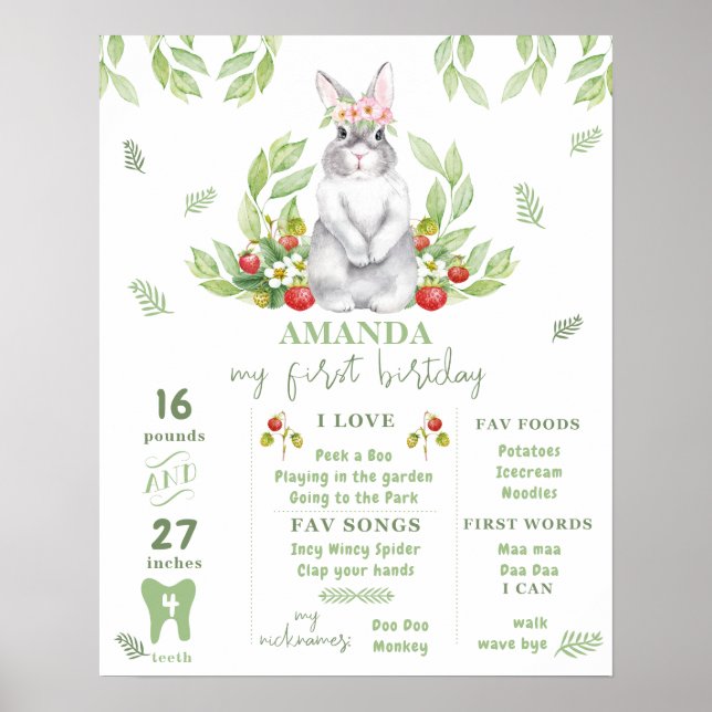 Kanin tjej 1-års födelsedagsdekoration poster (Framsidan)