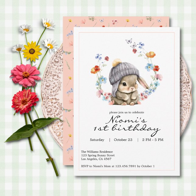 Kanin trädgård Första födelsedagsinbjudan Inbjudningar (Bunny Garden First Birthday Invitation 2)