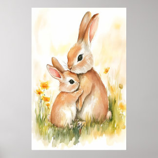 Kanin vattenfärgstryck, Mamma och unge, Barnkammar Poster