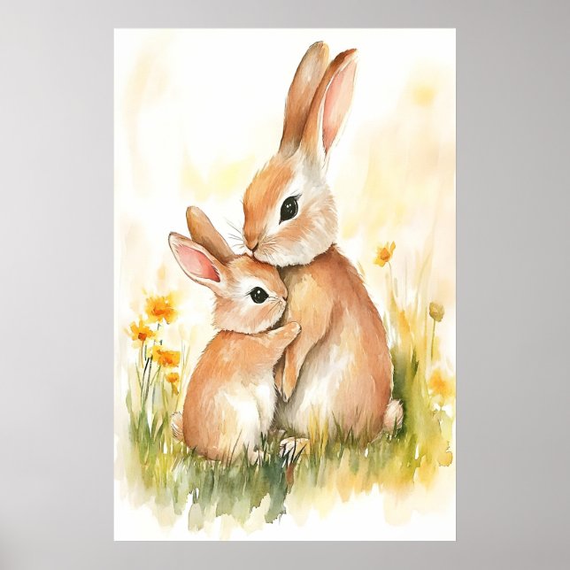 Kanin vattenfärgstryck, Mamma och unge, Barnkammar Poster (Framsidan)