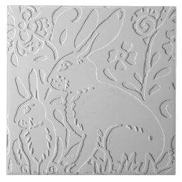 Kanin Vit Grått Blommigt Embossed Woodland Animal Kakelplatta