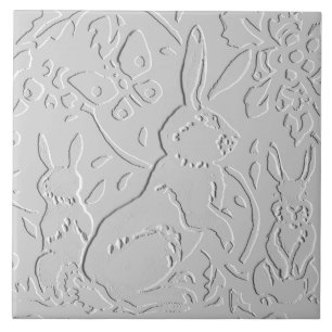 Kanin White Grått Black Embossed Woodland Animal Kakelplatta