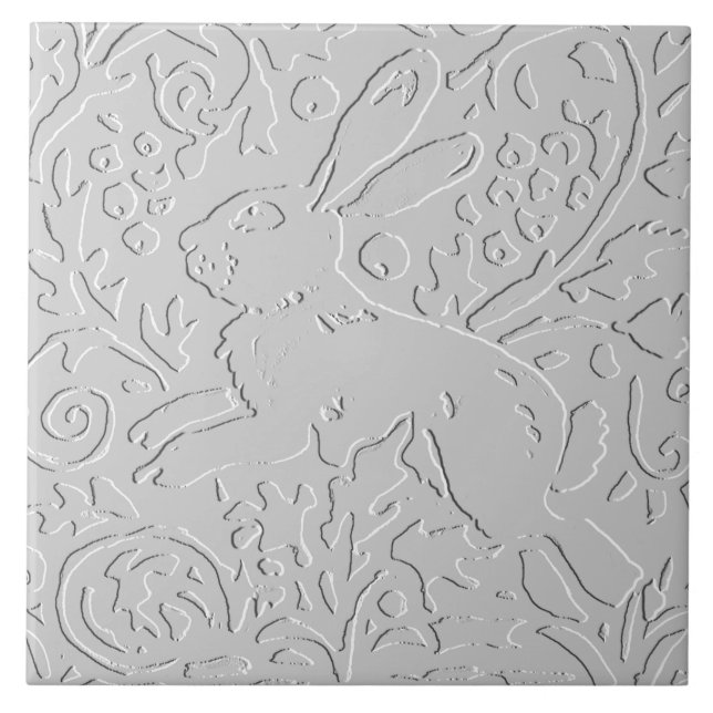 Kanin White Grått Black Embossed Woodland Animal Kakelplatta (Framsidan)