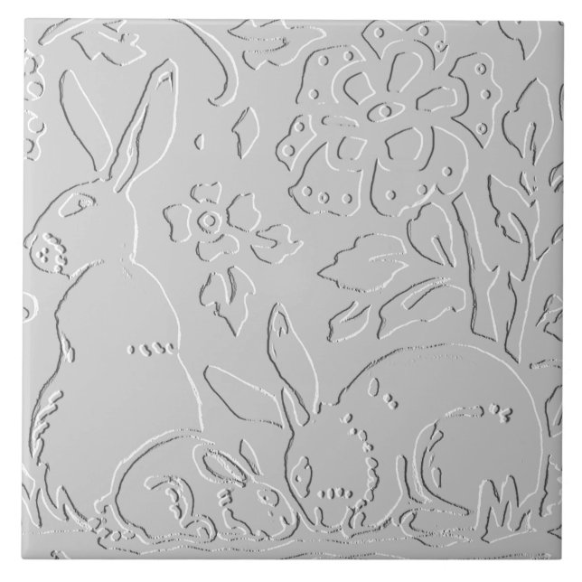 Kanin White Grått Black Embossed Woodland Animal Kakelplatta (Framsidan)