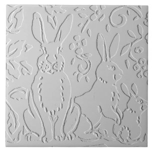 Kanin White Grått Embossed Blommigt Woodland Anima Kakelplatta