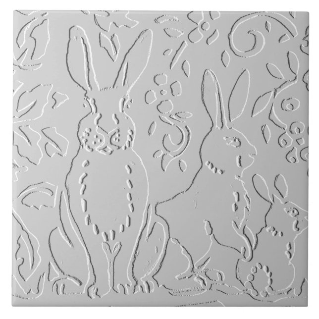 Kanin White Grått Embossed Blommigt Woodland Anima Kakelplatta (Framsidan)