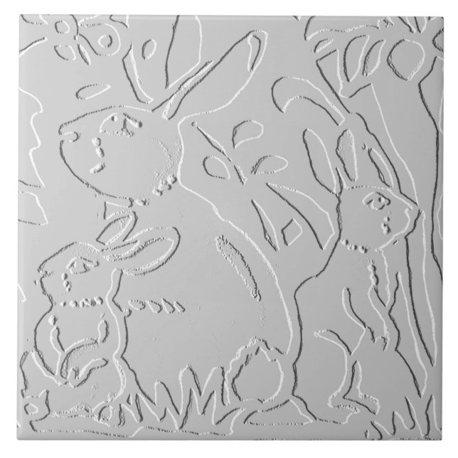 Kanin White Grått Embossed Blommigt Woodland Anima Kakelplatta (Framsidan)