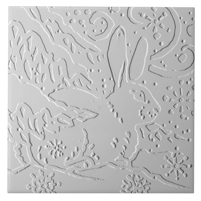 Kanin White Grått Embossed Woodland Snö Winter Kakelplatta (Framsidan)