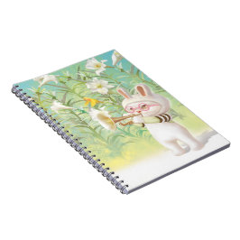 Kaninbarnet trumpetspelare med fågel i liljeträdgå anteckningsbok