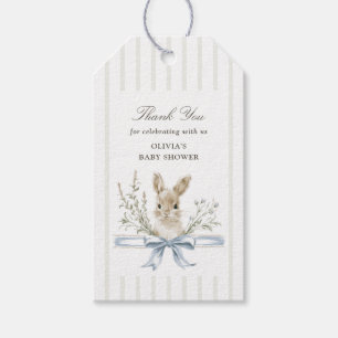 Kaninblå båge baby shower tack presentetikett