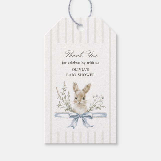 Kaninblå båge baby shower tack presentetikett (Framsidan)