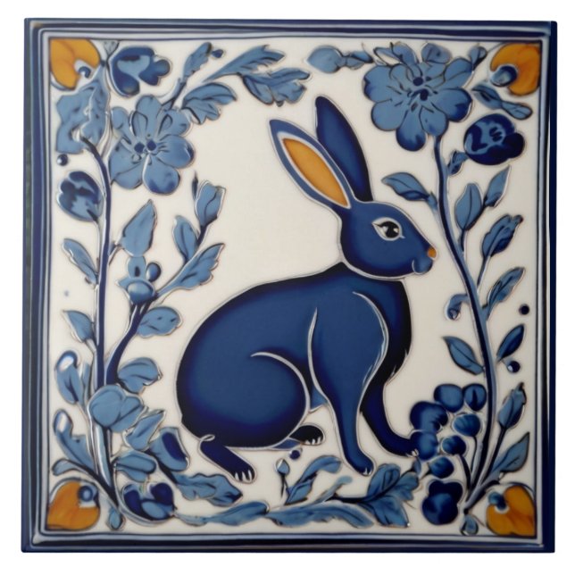 Kaninblå och vit folkart kakelplatta (Framsidan)