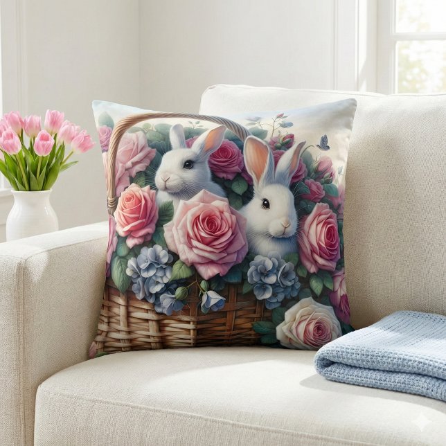 Kaninboet bland stugans rosor kudde (Bunnies Nestled Among Cottage Roses Throw Pillow Mmockup A)