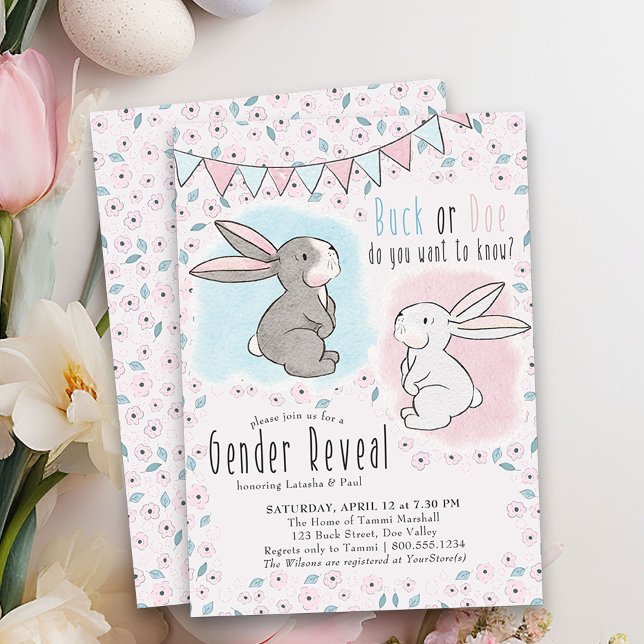 Kaninens könsbestämning - Bock eller Doe Inbjudningar (Buck or Dow Gender Reveal Invitation with little bunnies - pink or blue and perfect for easter)