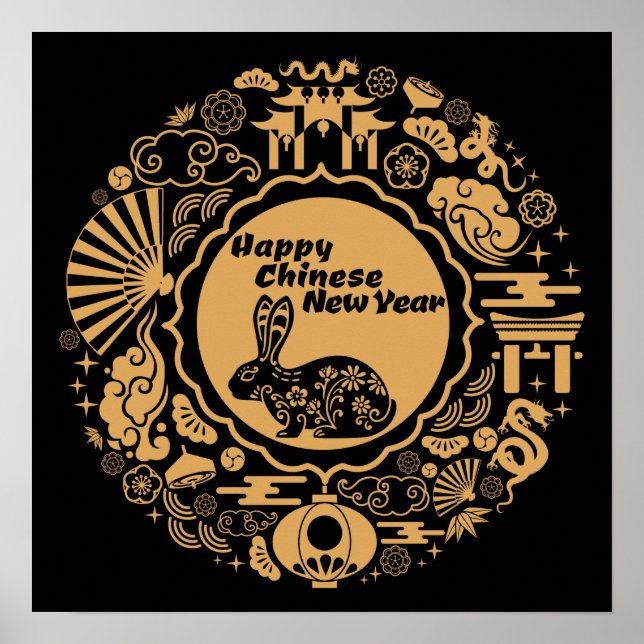 Kaninens nya år i lycklig poster (Framsidan)