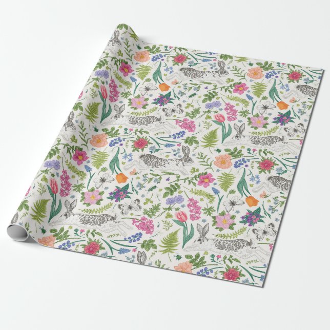 Kaniner, Butterflies och Flowers Presentpapper (Utrullad)
