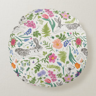 Kaniner, Butterflies och Flowers Rund Kudde