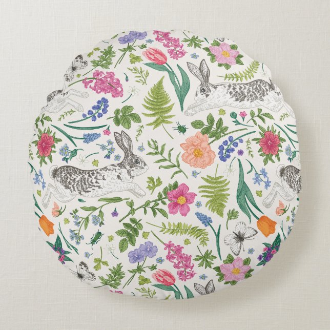Kaniner, Butterflies och Flowers Rund Kudde (Framsidan)