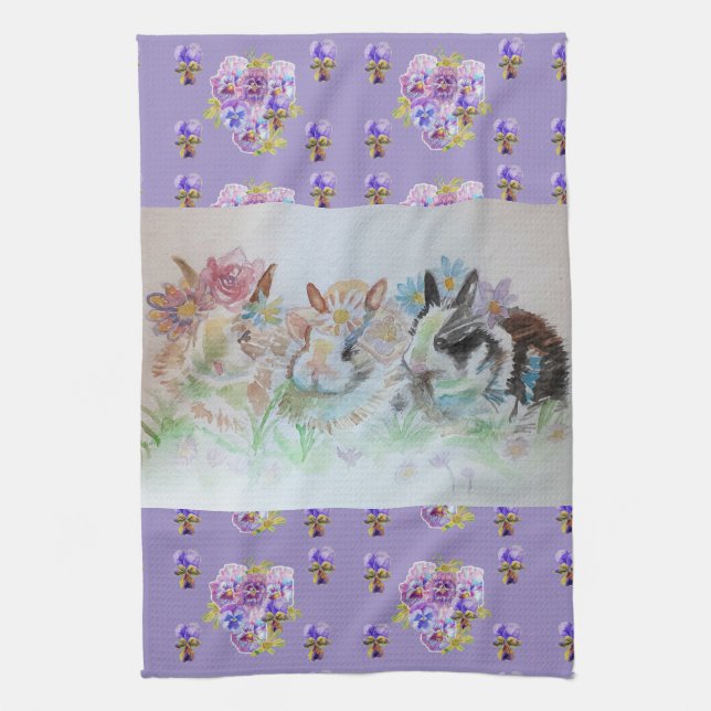 Kaniner Cute Lavender Watercolor Blommigt Bunny Kökshandduk (Vertikal)