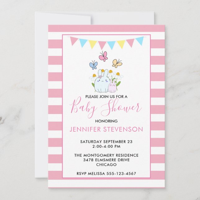 Kaniner, fjärilar & tusenskönor Baby Shower Inbjudningar (Framsida)