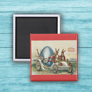 Kaniner från påsk i Antique Car Big Blue Egg Magnet