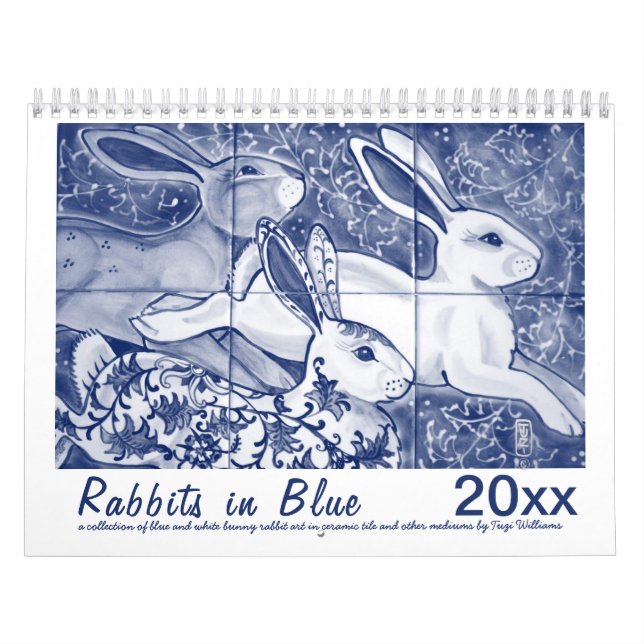Kaniner i Blue Rabbit Bunny Tile Original Art Kalender (Omslag)