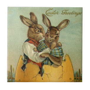 Kaniner i ett guldägg, Vintage Victorian påsk Kakelplatta