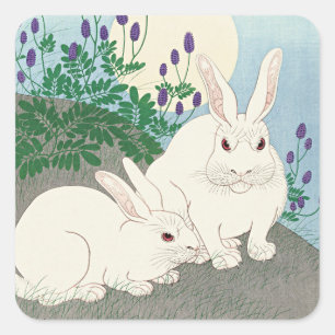 Kaniner i Full Moon av Ohara Koson. Fyrkantigt Klistermärke
