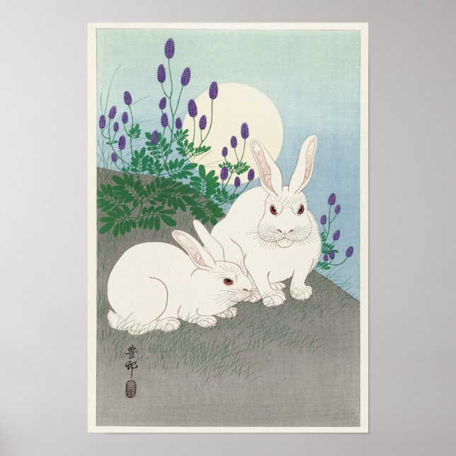 Kaniner i Full Moon av Ohara Koson Poster (Framsidan)