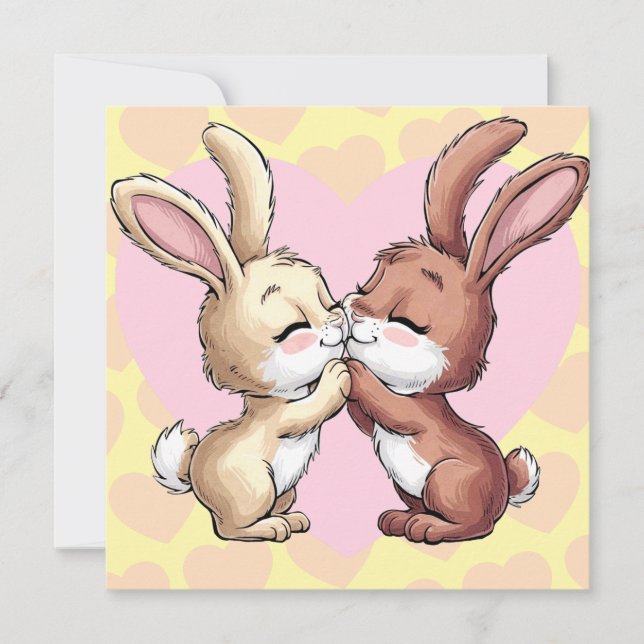 Kaniner Kissing Valentine Day Hearts Kärlek Card Julkort (Framsida)
