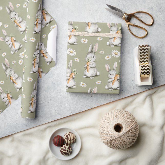 Kaniner med morötter Gröna tusensköna blommor Föde Presentpapper (Hantverk)