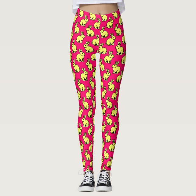 Kaniner Mönster - Svart, LT Gult och Neon Red Leggings (Framsida)