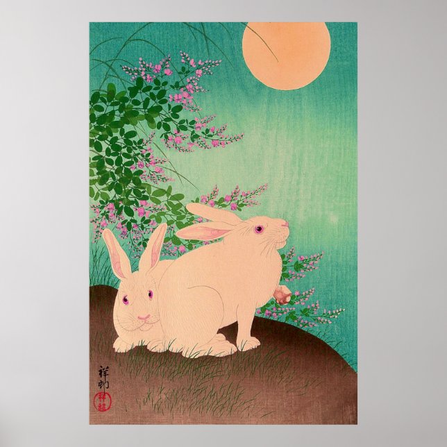 Kaniner och månen Ohara Koson 1931 Poster (Framsidan)
