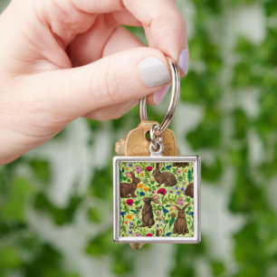 Kaniner och vilda blommor på honungsdagg grönt fyrkantig silverfärgad nyckelring