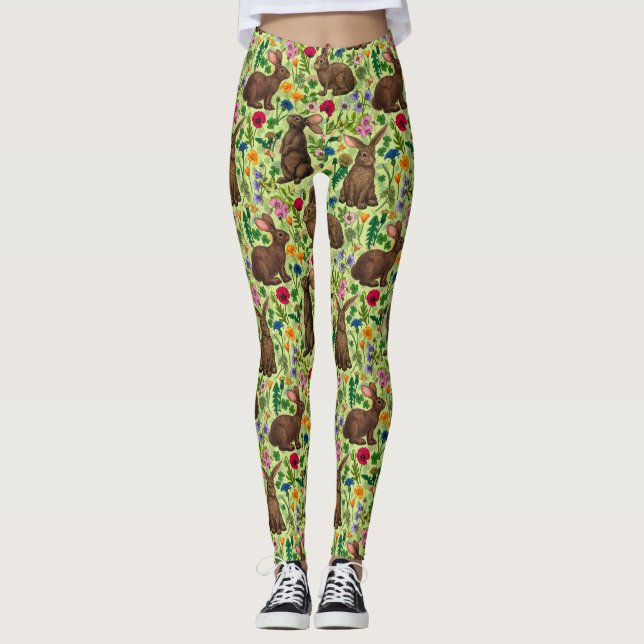 Kaniner och vilda blommor på honungsdagg grönt leggings (Framsida)