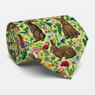 Kaniner och vilda blommor på honungsdagg grönt slips