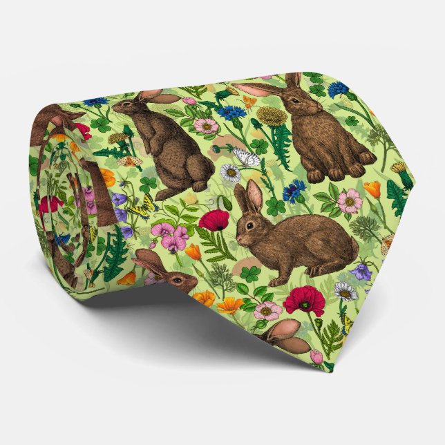 Kaniner och vilda blommor på honungsdagg grönt slips (Rullad)
